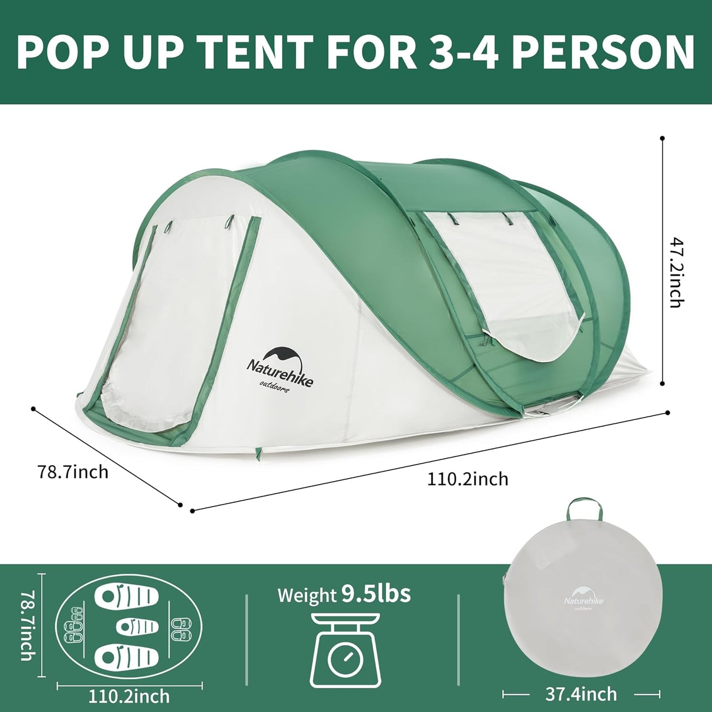 3-4 Person Pop up Tent, Easy Setup Instant Tent, Pop up Tent for Camping, Hiking